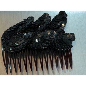Vtg 1980's Black Sequin 3 Leaf Like Pattern Hair Side Comb Beaded Teeth Pick